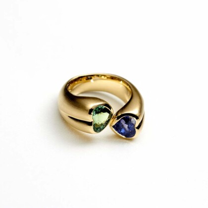 Material 750 Gelbgold - Stein Herz facettiert Turmalin grün und Saphir blau