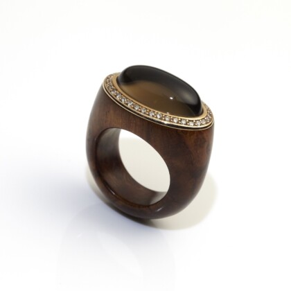 Material Palisanderholz 750 Rotgold - Steine Rauchquarz oval Cabochon Brillanten braun