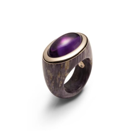 Material stabilisiertes Maserholz 750 Rotgold - Stein Amethyst oval Cabochon